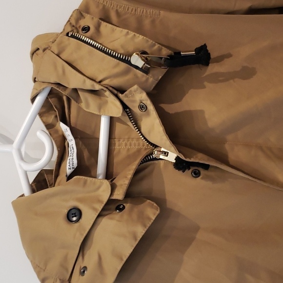 Zara Hooded Jacket Raincoat Women's Brown Gold Zipper Side Pockets Draw st - Picture 5 of 10